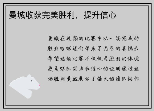 曼城收获完美胜利，提升信心