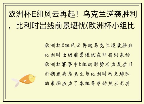 欧洲杯E组风云再起！乌克兰逆袭胜利，比利时出线前景堪忧(欧洲杯小组比利时)