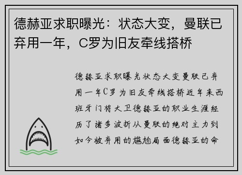德赫亚求职曝光：状态大变，曼联已弃用一年，C罗为旧友牵线搭桥